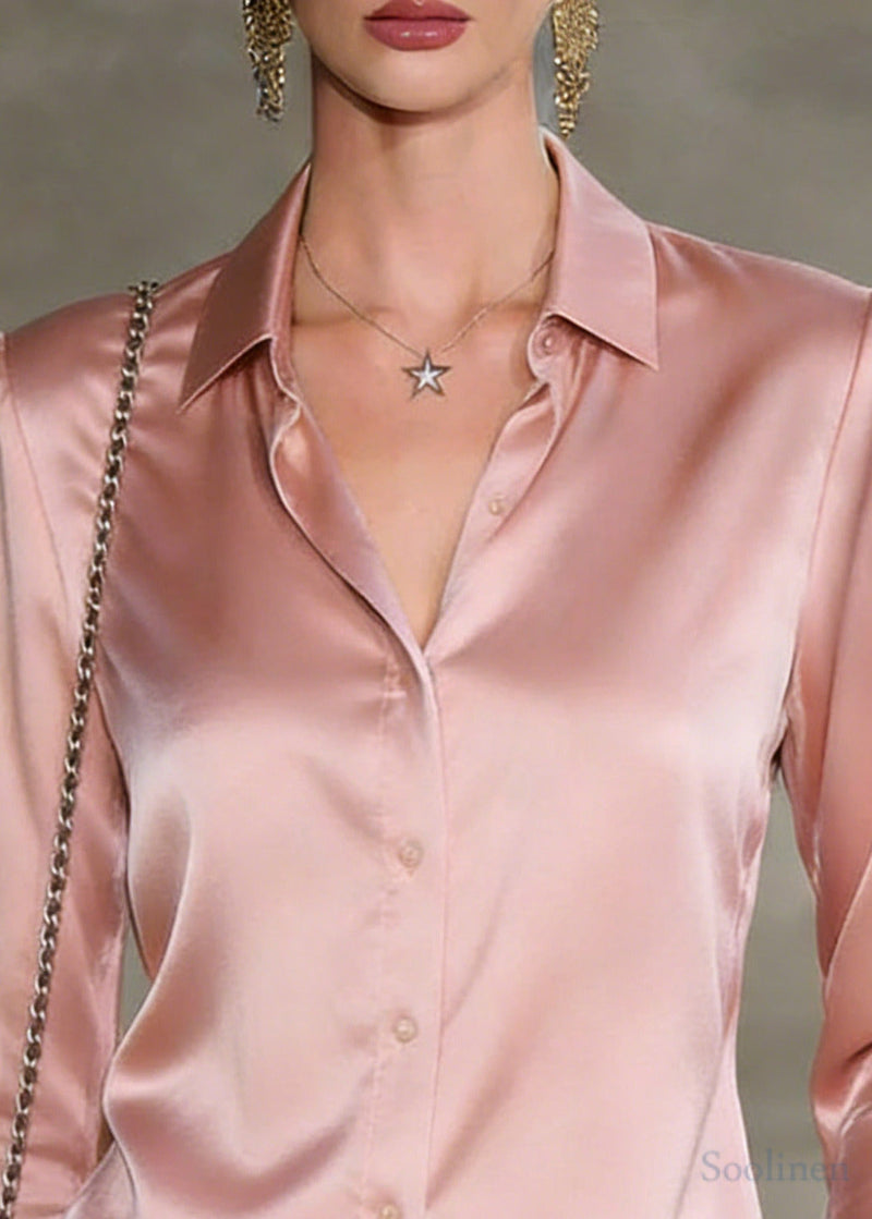 Pink Peter Pan Collar Draping Silk Shirt Spring