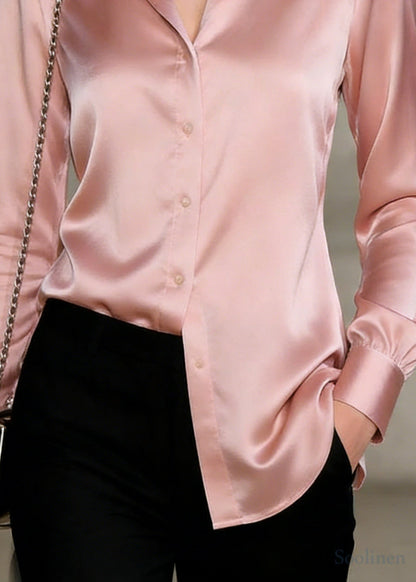 Elegant Pink Peter Pan Collar Draping Silk Shirt Spring