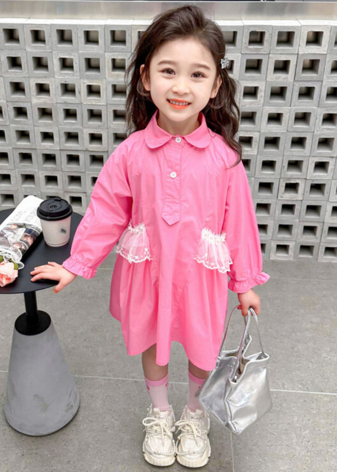 Pink Peter Pan Collar Patchwork Button Kids Long Shirts Dress Fall
