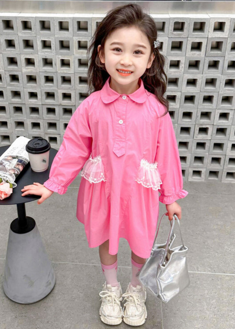 Pink Peter Pan Collar Patchwork Button Kids Long Shirts Dress Fall