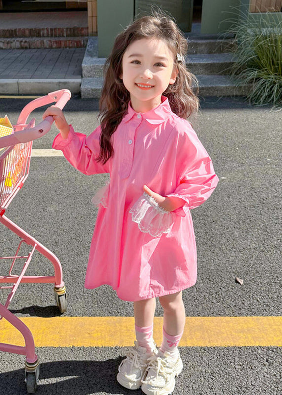 Pink Peter Pan Collar Patchwork Button Kids Long Shirts Dress Fall