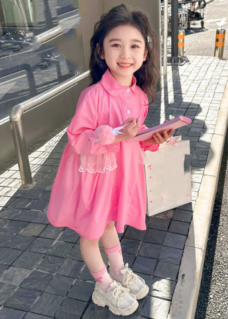 Pink Peter Pan Collar Patchwork Button Kids Long Shirts Dress Fall
