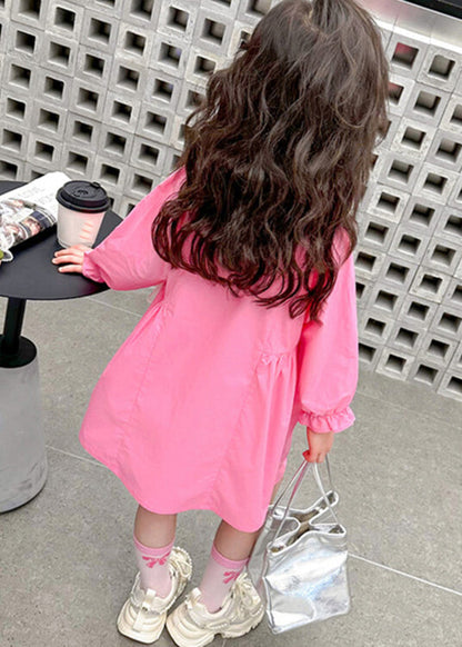 Pink Peter Pan Collar Patchwork Button Kids Long Shirts Dress Fall