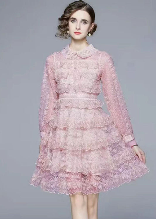 Pink Peter Pan Collar Ruffles Patchwork Mid Dress Long Sleeve