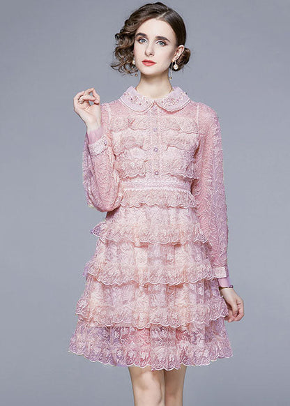 Pink Peter Pan Collar Ruffles Patchwork Mid Dress Long Sleeve