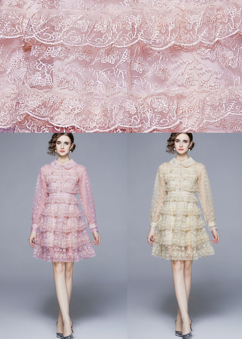 Pink Peter Pan Collar Ruffles Patchwork Mid Dress Long Sleeve