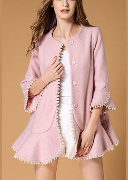 Pink Pockets Nail Bead Fall Woolen Coat