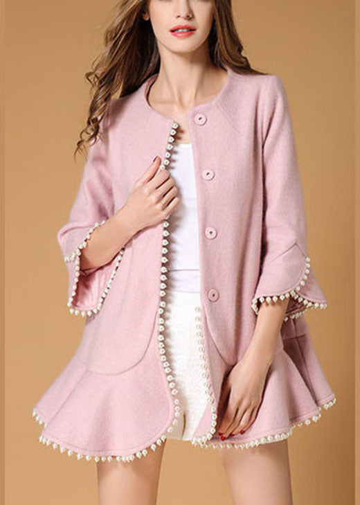 Pink Pockets Nail Bead Fall Woolen Coat