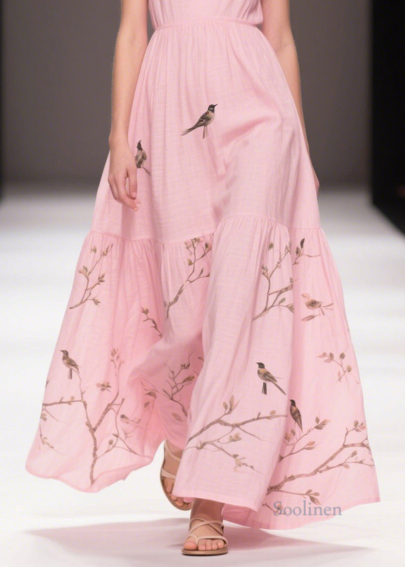 Pink Print Cotton Holiday Dress Butterfly Sleeve