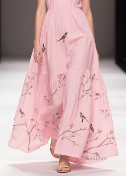 Pink Print Cotton Holiday Dress Butterfly Sleeve