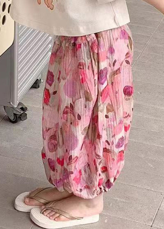 Pink Print Elastic Waist Kids Lantern Pants Summer