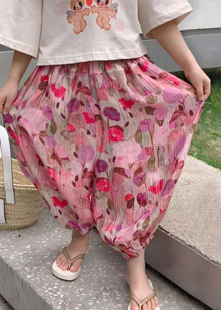 Pink Print Elastic Waist Kids Lantern Pants Summer