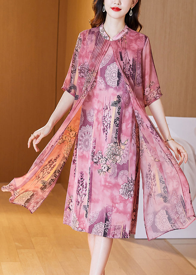 Pink Print False Two Pieces Silk Dress Half Sleeve