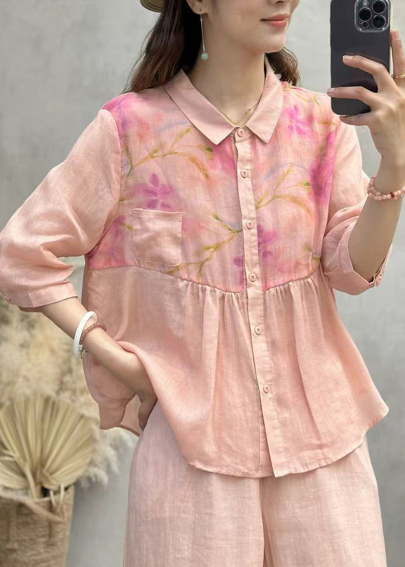 Pink Print Patchwork Linen Shirt Top Half Sleeve