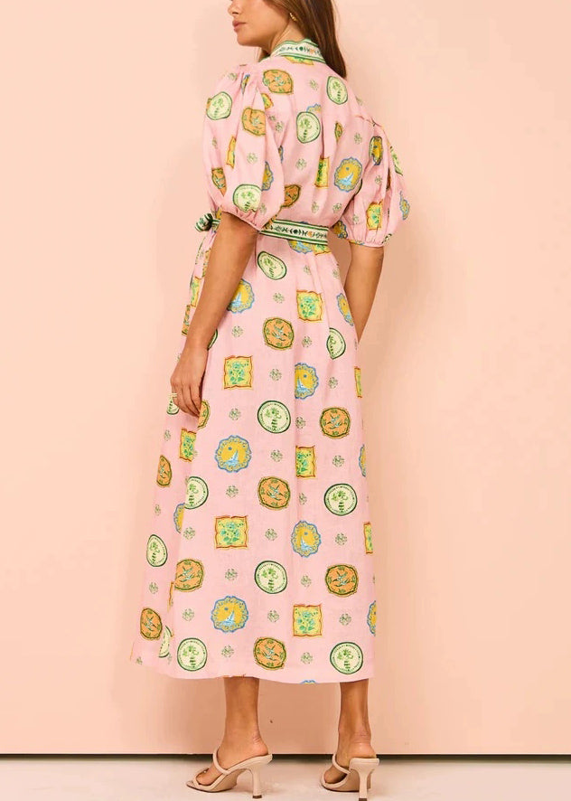 Pink Print Tie Waist Cotton Blouses Dresses Half Sleeve