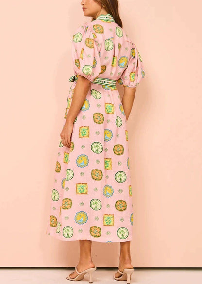 Pink Print Tie Waist Cotton Blouses Dresses Half Sleeve