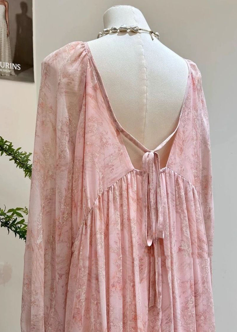 Pink Print Wrinkled Lace Up Chiffon Long Dress Fall