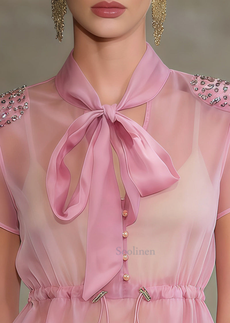 Pink Puff Sleeve Drawstring Zircon Shirt Tops