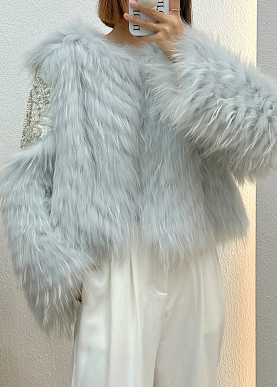 Pink Faux Fur Collar Nail Bead Button Leather and Fur Coat Winter