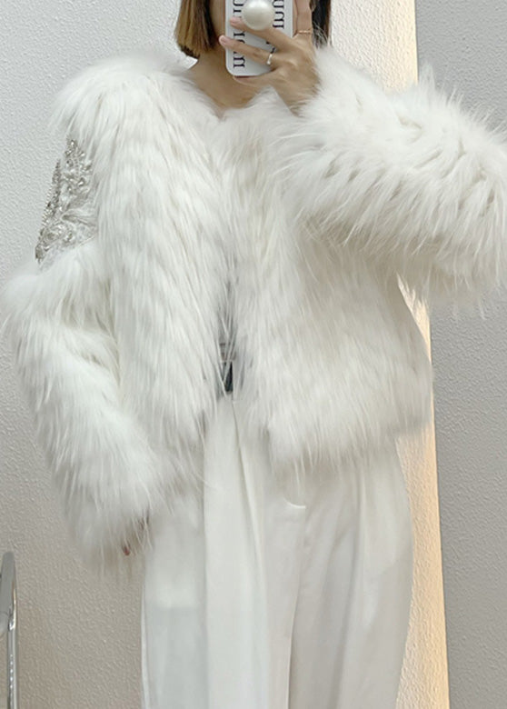 Pink Faux Fur Collar Nail Bead Button Leather and Fur Coat Winter