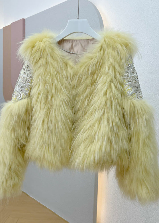 Pink Faux Fur Collar Nail Bead Button Leather and Fur Coat Winter