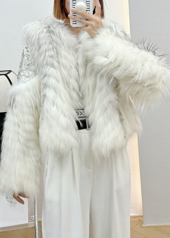 Pink Faux Fur Collar Nail Bead Button Leather and Fur Coat Winter