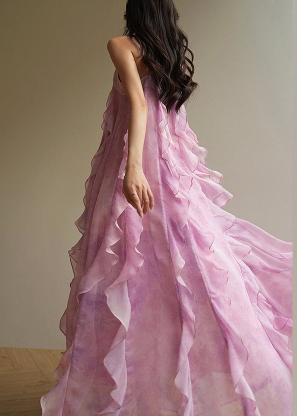 Pink Ruffled Chiffon Spaghetti Strap Dress Sleeveless