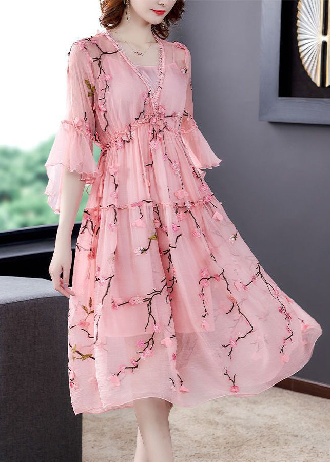 Pink Ruffled Embroideried Chiffonsilk Maxi Dresses Flare Sleeve