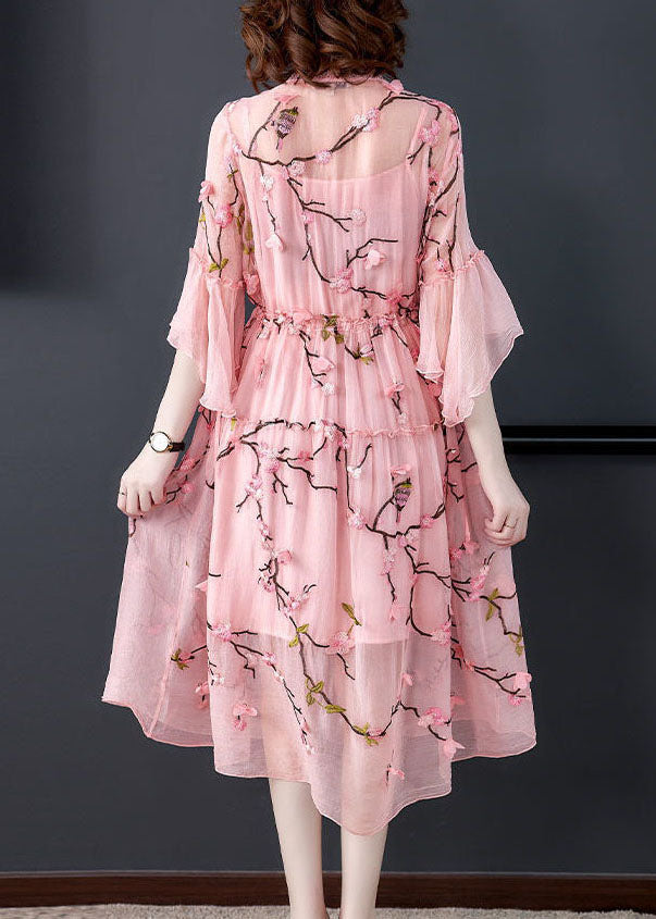 Pink Ruffled Embroideried Chiffonsilk Maxi Dresses Flare Sleeve