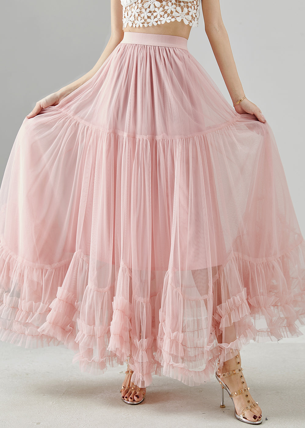 Pink Ruffled Exra Large Hem Tulle Skirt Spring