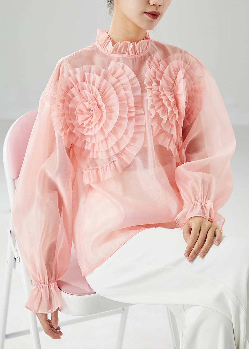 Pink Ruffled Chiffon Blouses Summer