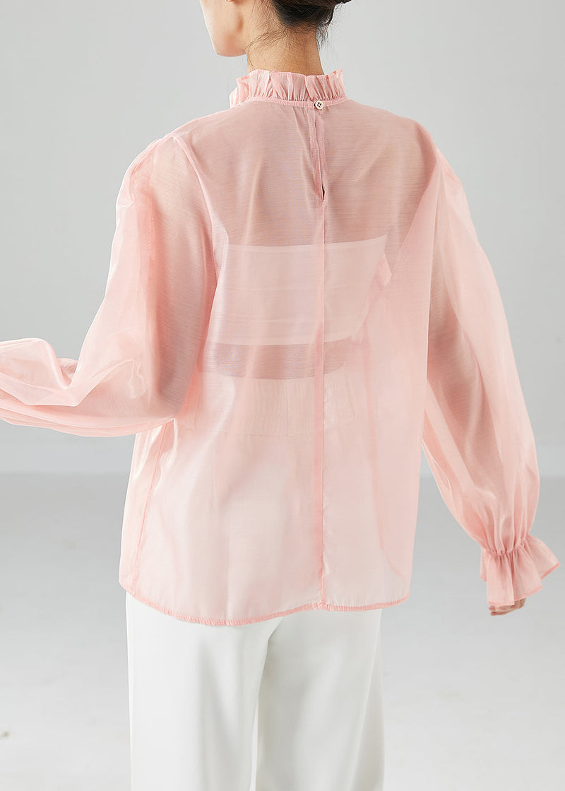 Pink Ruffled Chiffon Blouses Summer