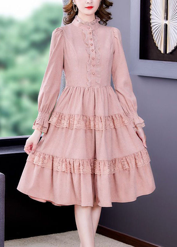 Pink Ruffled Lace Patchwork Exra Large Hem Silk Velour Dress Spring