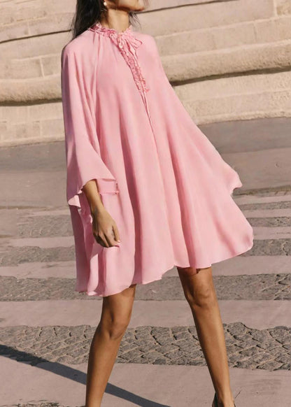Pink Ruffled Lace Up Chiffon Mid Dress Flare Sleeve