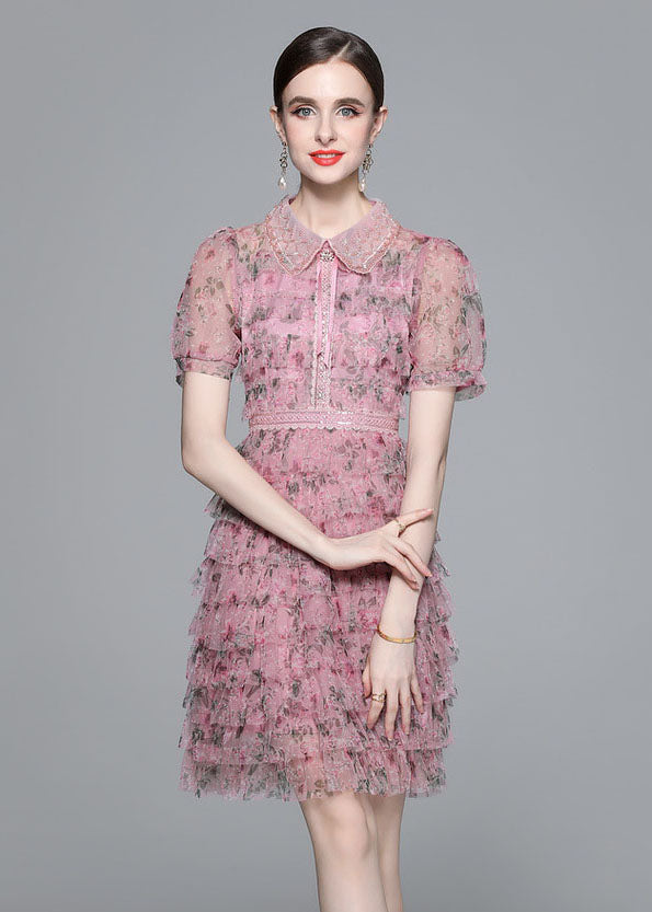 Pink Ruffled Nail Bead Print Patchwork Tulle Mid Dress Summer