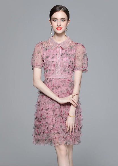 Pink Ruffled Nail Bead Print Patchwork Tulle Mid Dress Summer