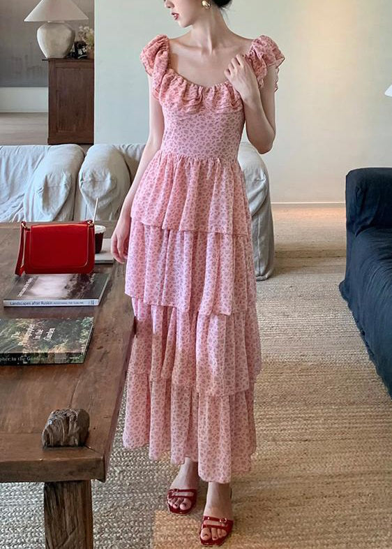 Pink Ruffled Print Chiffon Long Dress Summer