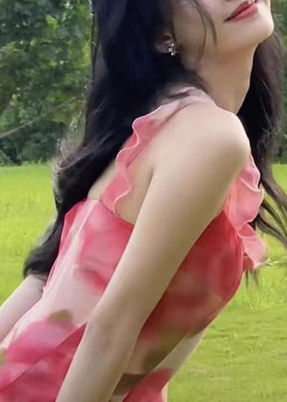 Pink Ruffled Print Chiffon Spaghetti Strap Dress Sleeveless