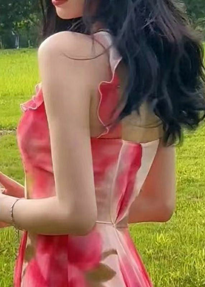 Pink Ruffled Print Chiffon Spaghetti Strap Dress Sleeveless