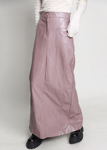Pink Side Open High Waist Faux Leather Skirt Spring