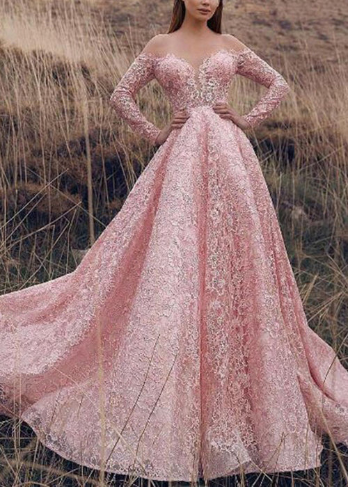 Pink Slash Neck Lace Ankle Dress Spring