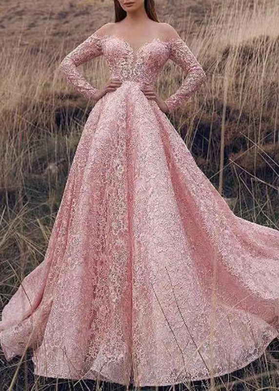 Pink Slash Neck Lace Ankle Dress Spring