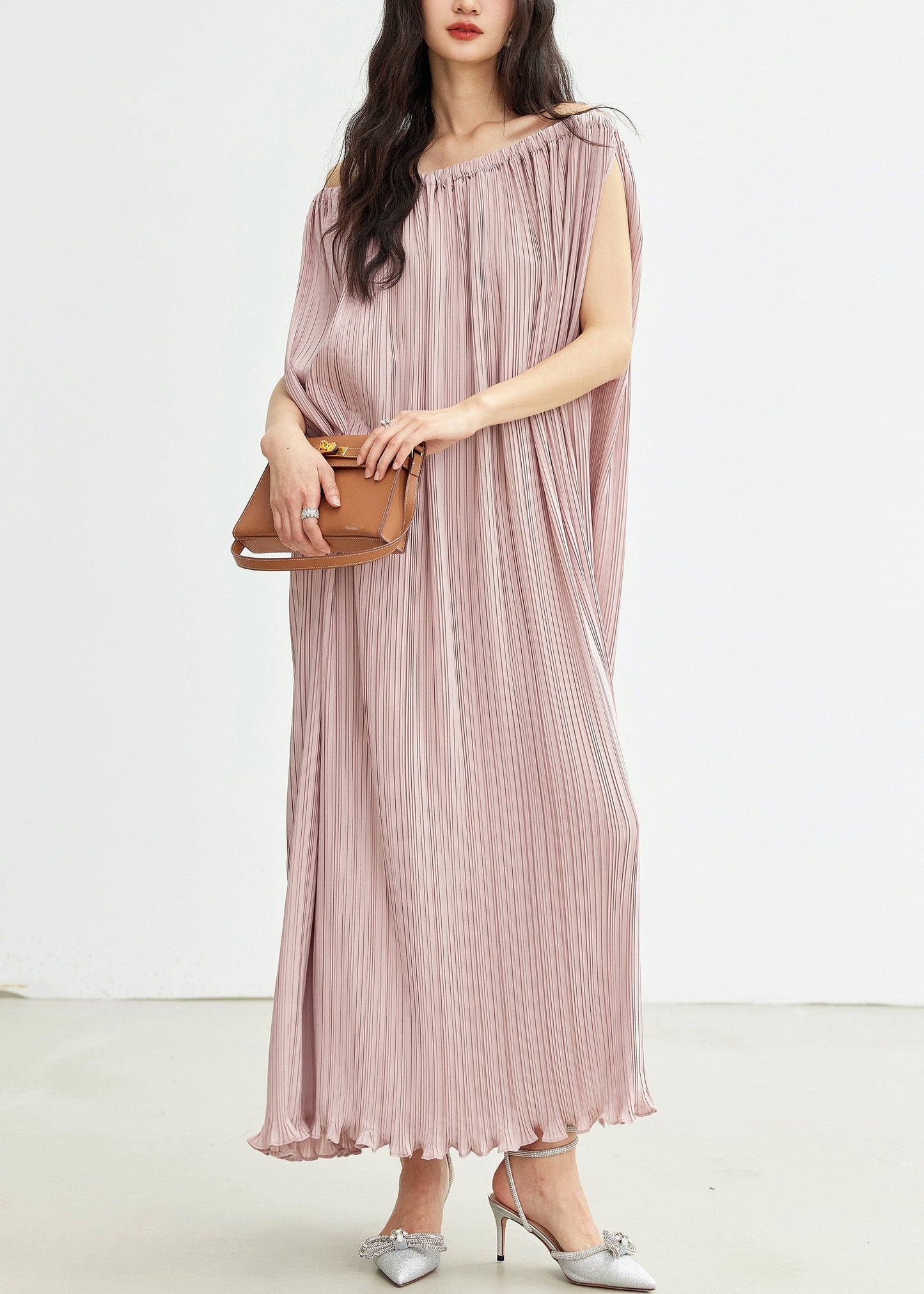 Pink Slash Neck Wrinkled Cotton Long Dresses Summer