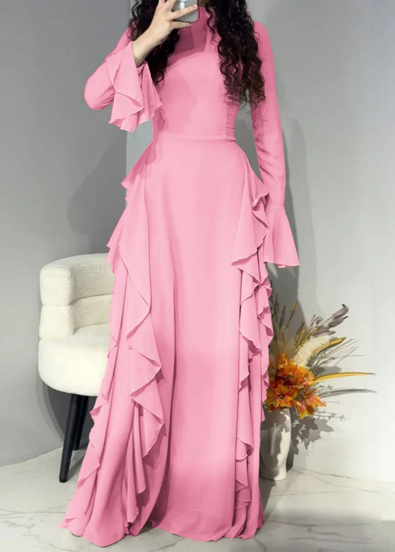 Pink High Waist Chiffon Maxi Dresses Flare Sleeve