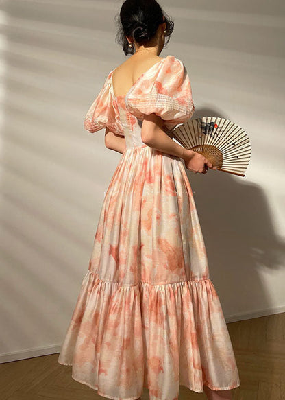 Pink Square Collar Patchwork Print Silk Dress Puff Sleeve