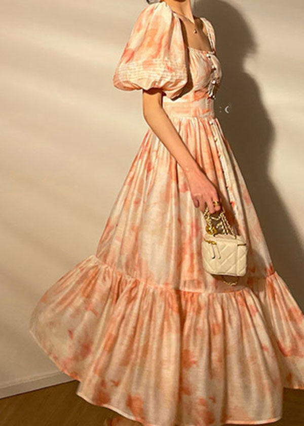 Pink Square Collar Patchwork Print Silk Dress Puff Sleeve