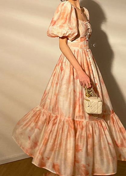 Pink Square Collar Patchwork Print Silk Dress Puff Sleeve