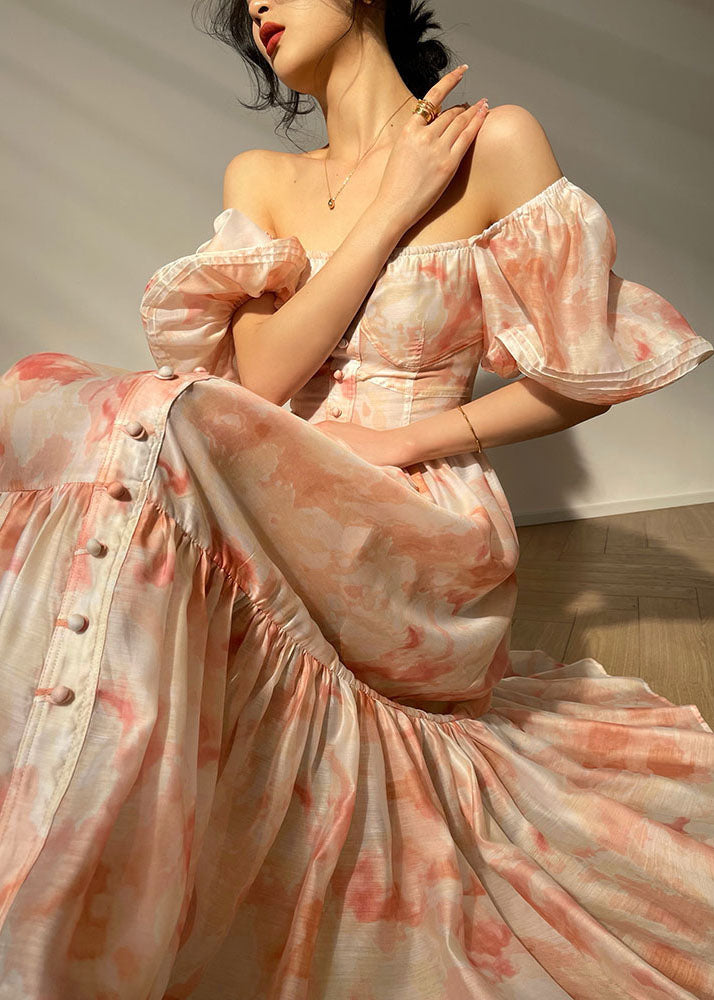 Pink Square Collar Patchwork Print Silk Dress Puff Sleeve