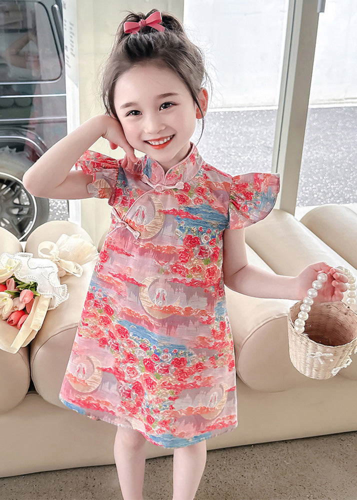 Pink Stand Collar Button Mid Dress Summer