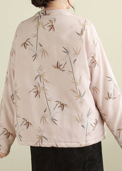 Pink Stand Collar Button Print Thick Coats Winter